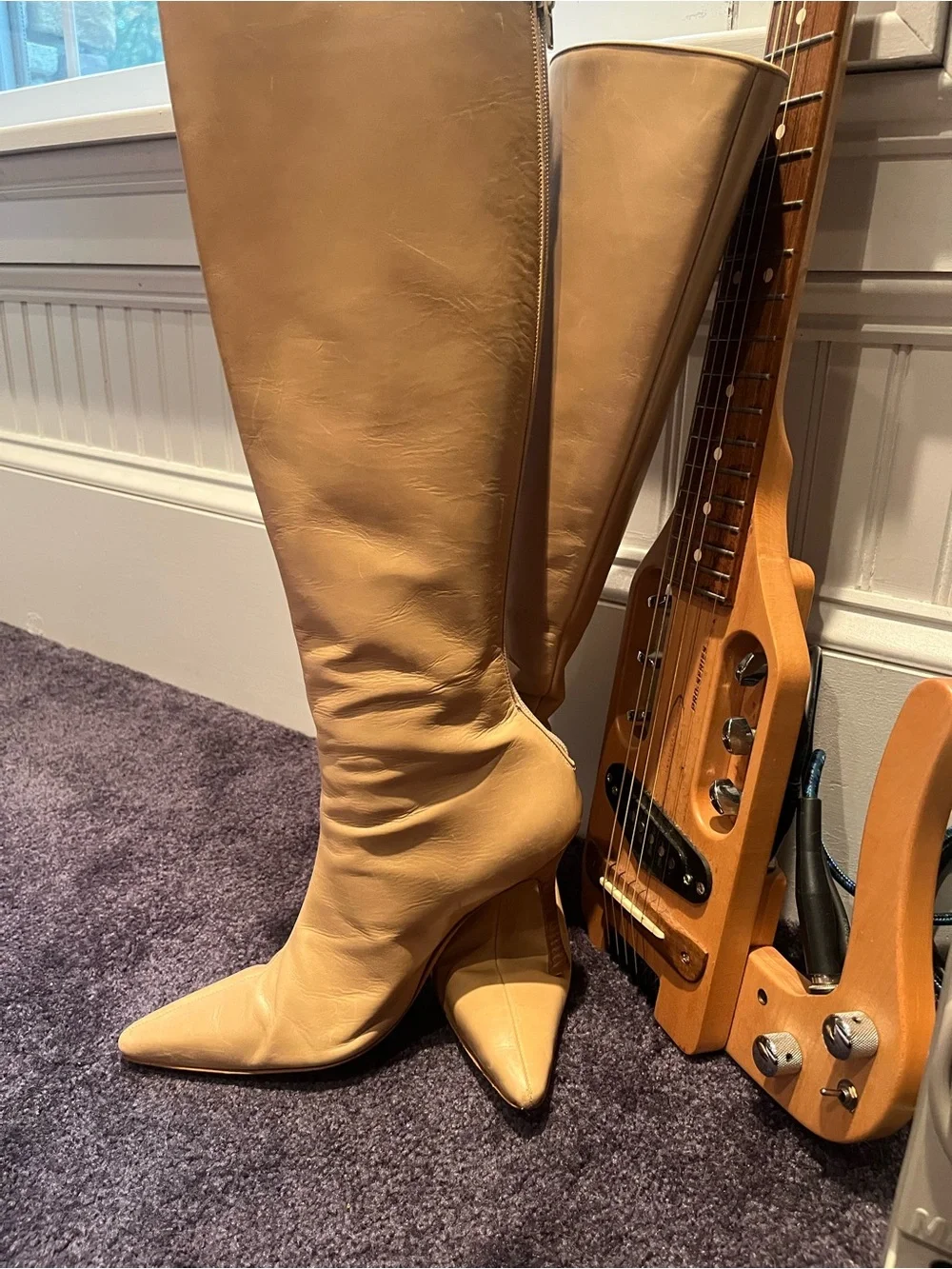 Manolo Blahnik Camel Pointed-Toe Over-the-Knee Leather Boots